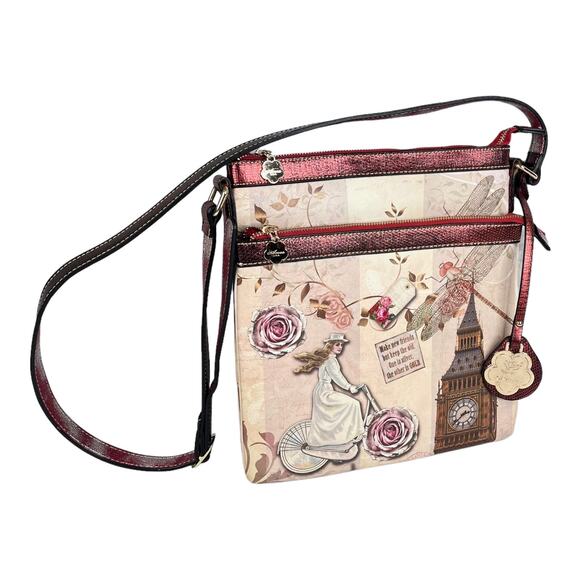 Arosa Crossbody Convertible HANDBAG 11x11 Purse Floral Bicycle London Clock NWOT - Picture 1 of 12